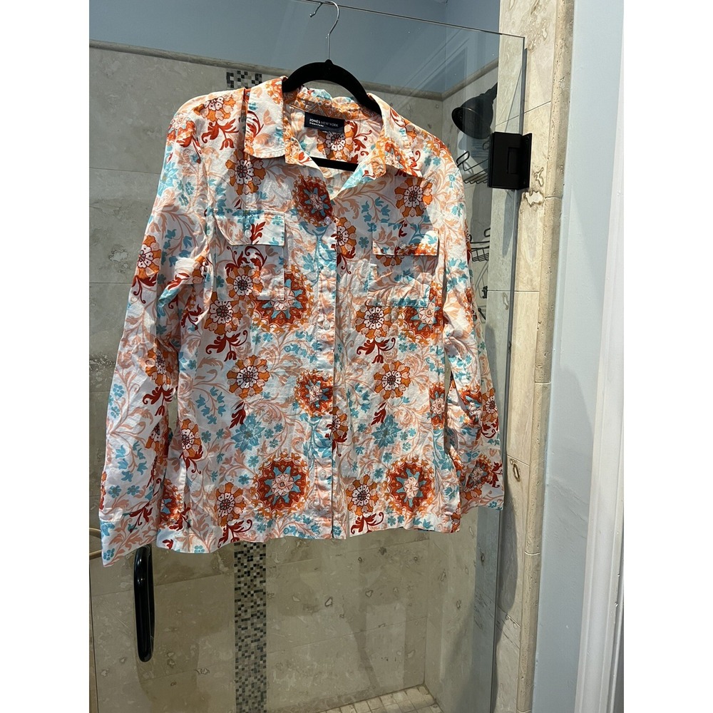 Jones New York Signature Women Orange Blue Floral Cotton Blouse XL Long Sleeve